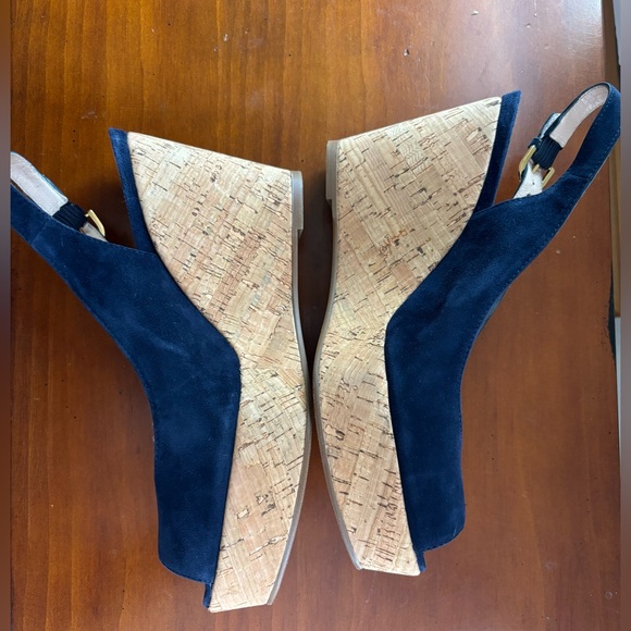 Stuart Weitzman Jean Suede Slingback Wedge Sandals size 8 1/2 Blue - Picture 11 of 12